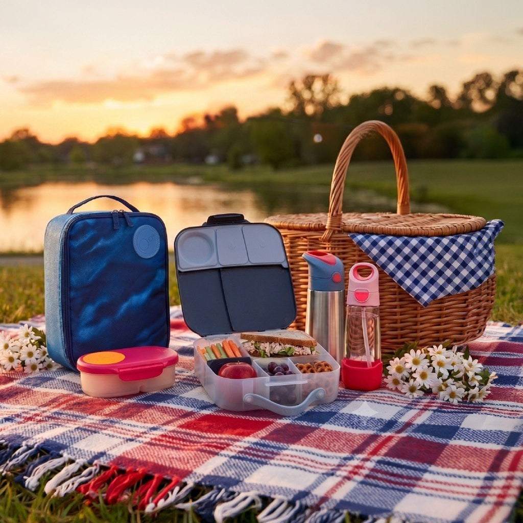 A picnic setup on a red, white, and blue plaid blanket by a lake at sunset, featuring a blue lunch bag, an open bento box, a wicker picnic basket with a blue gingham liner, a thermos, and a water bottle.