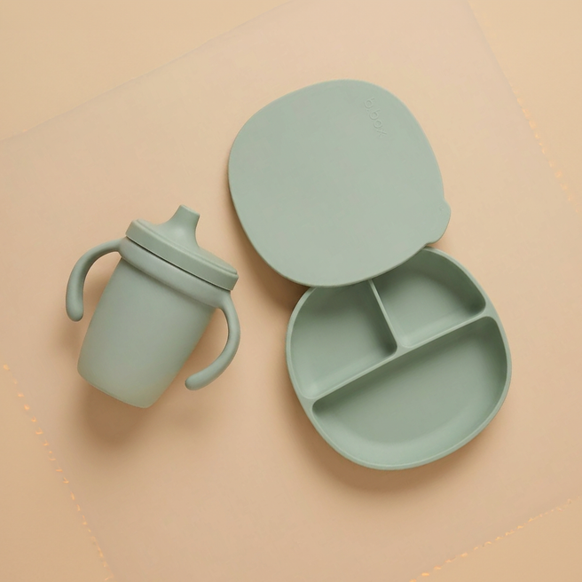 Silicone Plate + Lid - sage + Silicone Spout Cup - sage
