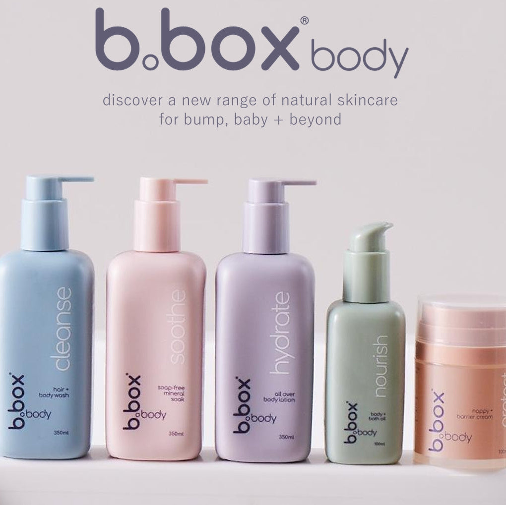 Set of b.box body skincare products on a light gray background